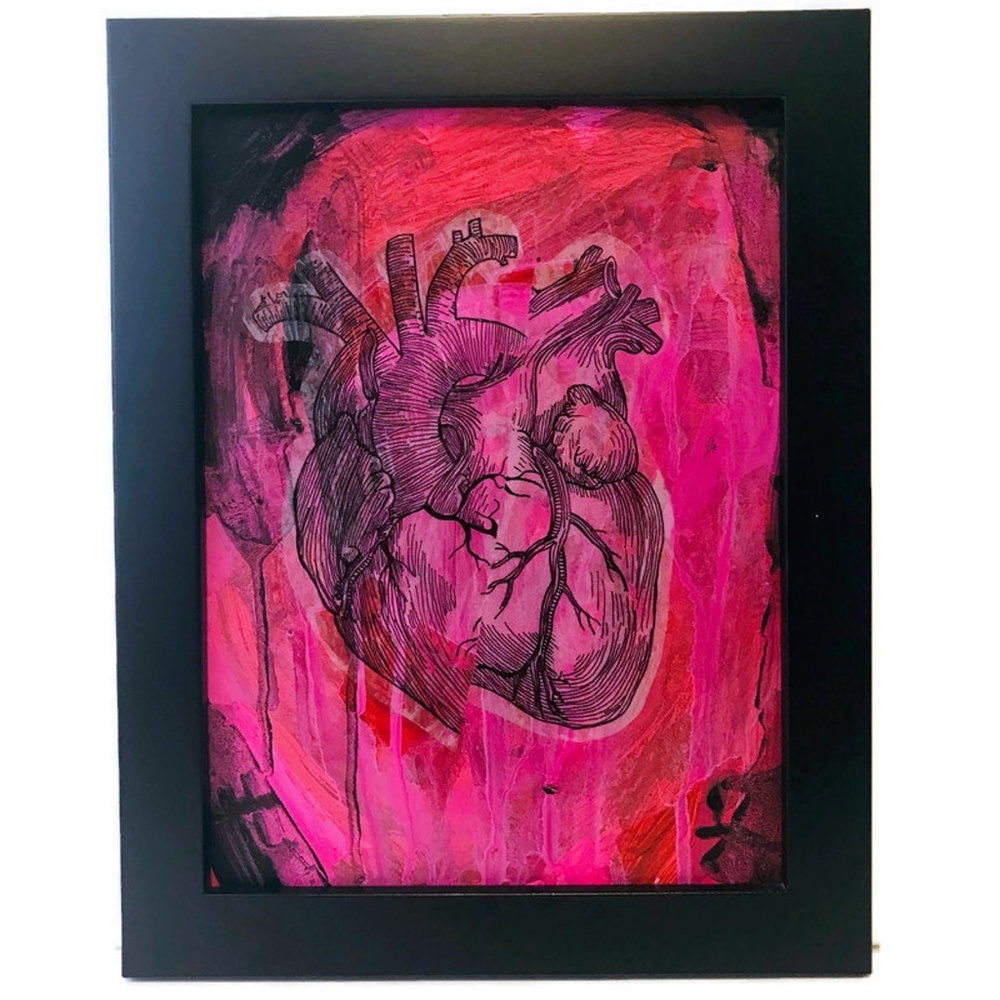 Anatomical Heart Painting in Red, Pink & Black, Handmade Abstract Art 9"x12"